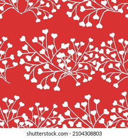 sakura twigs in the shape of hearts, valentine's day, white bushes, botanical pattern