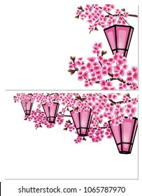Sakura. Two pictures. a branch of a cherry tree with purple flowers on a white background. A series of glowing garden lanterns. Vector illustrator