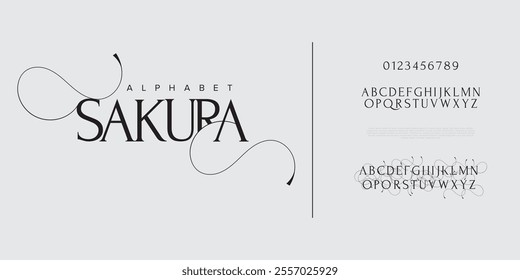 Sakura typography beauty fashion elegant minimalist serif italic fonts decorative wedding vintage retro logos. Minimal luxury font alphabet logo. Vector illustration