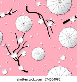 Sakura and Umbrella. Paper style. Seamless pattern