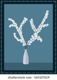 Sakura in vase on blue background. Picture in a frame. Stylized image of a pair of branches, completely covered with white flowers, standing in the bottle.