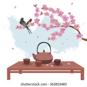 Sakura . Vector postcard advertising tea and coffee.