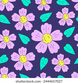 Sakura vintage seamless pattern. Modern groovy background with cherry blossom flowers and leaves. Floral repeat vector illustration in funky retro style for spring and summer
