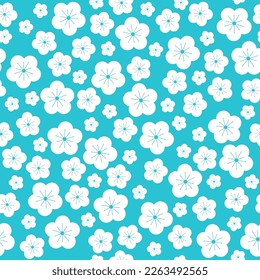 Sakura white blossom vector seamless pattern.Cherry floral flat illustration  motif. Modern style spring tree flowers on turquoise background.
