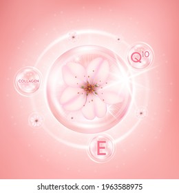 Sakura whitening serum for skin care. Drop cherry blossom vitamin and collagen. On pink background, Beauty products concept. Realistic 3D Vector EPS10 illustration.