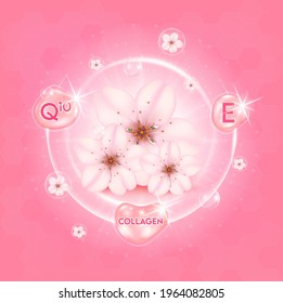Sakura whitening serum for skin care. Drop cherry blossom vitamin and collagen. On pink background, Beauty products concept. Realistic 3D Vector EPS10 illustration.