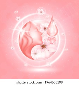 Sakura whitening serum for skin care. Drop cherry blossom vitamin and collagen. On pink background, Beauty products concept. Realistic 3D Vector EPS10 illustration.