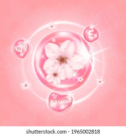 Sakura whitening serum for skin care. Drop cherry blossom vitamin and collagen. On pink background, Beauty products concept. Realistic 3D Vector EPS10 illustration.
