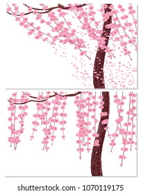 Sakura in the wind and in calm weather. Branches with pink flowers and cherry buds, the trunk of a tree. isolated on white background. vector illustration