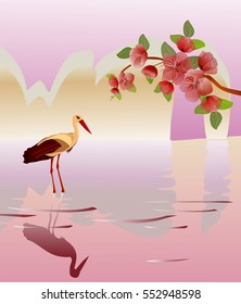 Sakura.Evening in the garden blooming cherry.Vector EPS 10