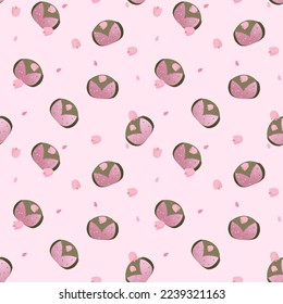 Sakuramochi cute seamless pattern. Japanese rice cake wrapped in a pickled cherry blossom, sakura leaf. Vector illustration, cartoon style.