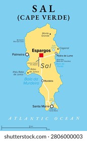 Sal, an island in Cape Verde (Cabo Verde), political map, with capital and largest settlement Espargos. Sandy island in the Atlantic Ocean, mainly known for its white sand beaches and turtles. Vector
