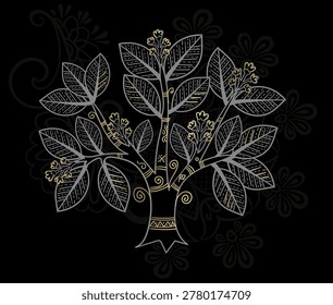 sal tree hand drawn vector ink traditional oriental asian Indian design isolated black gold