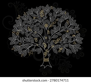 sal tree hand drawn vector ink traditional oriental asian Indian design isolated black gold