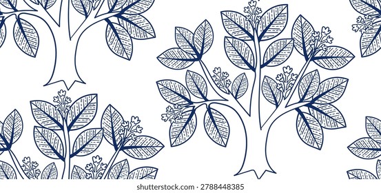sal tree seamless vector pattern hand drawn ink traditional oriental asian Indian design isolated
