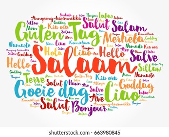 SALAAM (Hello Greeting in Persian,Farsi) word cloud in different languages of the world, background concept