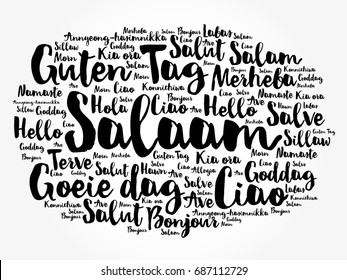 SALAAM (Hello Greeting in Persian,Farsi) word cloud in different languages of the world, background concept