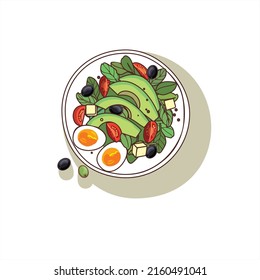 Salad with avocado and eggs. Vector illustration.