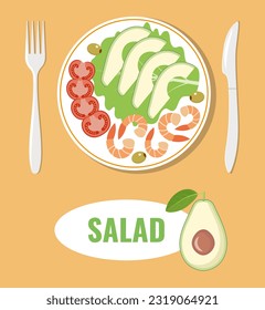Salad of avocado, lettuce, shrimp and cherry tomatoes.