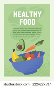 Salad with avocado. Plate with vegetables and fruits. Correct nutrition and vegetarian diet. Advertising poster or banner for site. Farming and agriculture, harvest. Cartoon flat vector illustration