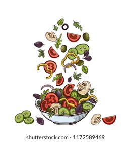 Salad background. Hand drawn healthy food ingredients. Mushrooms cucumbers, tomatoes olives and lettuce leaves. Vector vegetarian meal. Illustration of salad organic pepper and mushroom