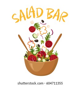 Salad bar composition with wood pot of greek salad for vegetarian menu and health food advertising flat vector illustration 