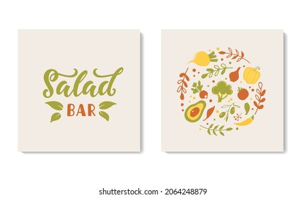 Salad bar handwritten text with vegetables. Hand lettering typography. Modern brush calligraphy for salad bar, vegan menu, poster, card, banner. Vector doodle illustration isolated on white background