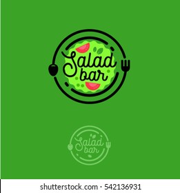 Salad Bar Logo. Cafe Or Restaurant Emblem. Plate With Fork, Spoon And Salad On The Green Background.