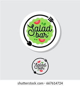 Salad bar logo. Cafe or restaurant emblem. Plate with fork, spoon and salad on a light background.