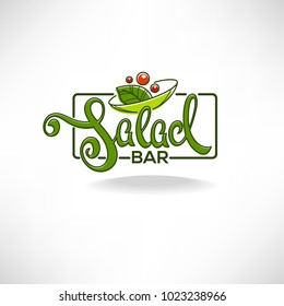 Salad Bar Logo, Emblem And Symbol, Lettering Composition With Line Art Image Of Green Leaves And Red Tomatoes