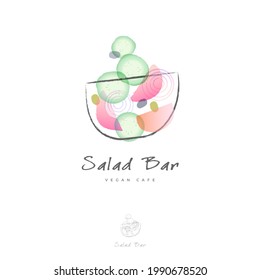 Salad Bar Logo. Organic Food Emblem. Glass Bowl With Slices Of Cucumber, Onion, Pieces Of Tomatoes And Olives At Watercolor Style.