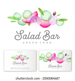 Salad bar logo. Slices of cucumber, onion, pieces of tomatoes, olives and green at watercolor style.
Emblem for organic green-food restaurant, fresh vegan and vegetarian cuisine.