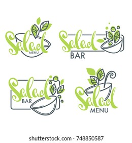 salad bar and menu logo, emblems and symbols, lettering composition with line art image of green leaves