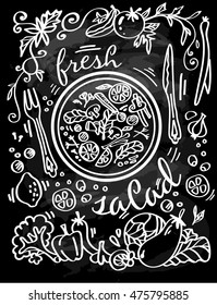 Salad. Black board. Chalk board. Drawing with chalk. Vector.