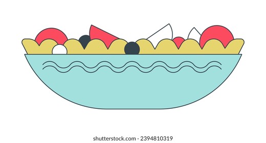 Salad bowl 2D linear cartoon object. Vegetarian meal. Healthy food plate isolated line vector element white background. Organic dinner. Fresh vegetables bowl color flat spot illustration