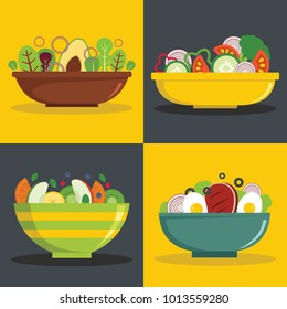 Salad bowl banner horizontal concept set. Flat illustration of 4 salad bowl vector banner horizontal concepts for web