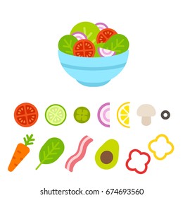 Salad bowl constructor, cartoon vegetable set. Flat design food icons vector illustration.