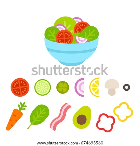 Salad bowl constructor, cartoon vegetable set. Flat design food icons vector illustration.