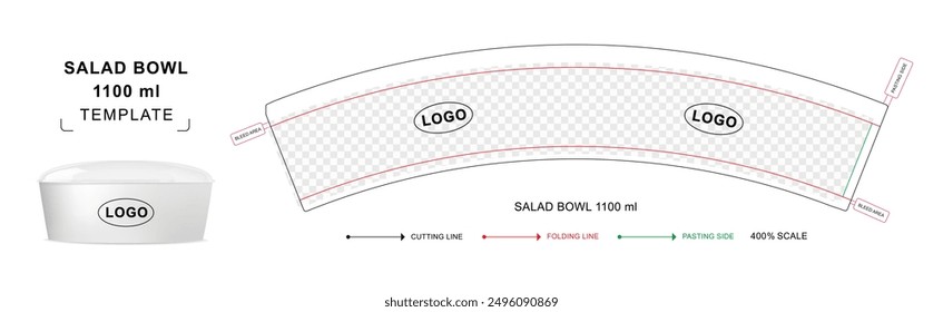 Salad Bowl container die cut template for 1100 ml with 3D blank vector mockup