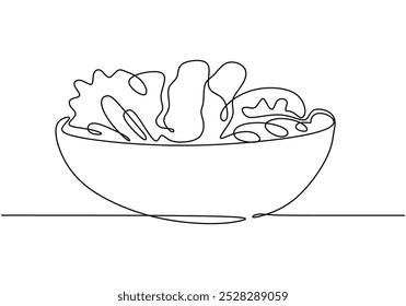 Salada em tigela desenho de linha contínua. conceito. Ilustração de vetor minimalista isolada no fundo branco.