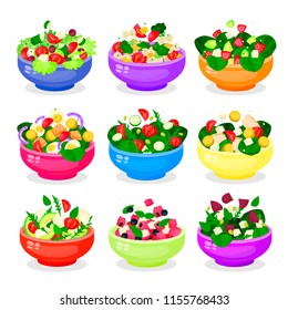 Salad in bowl or dish vector icon set isolated from background. Cartoon style illustrations healthy and nutritious food. Colorful vegetable, meat, fish and fruit salads icons collection. 