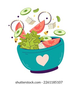 Salad bowl food diet recipe dish eat isolated on white background concept. Vector graphic design illustration