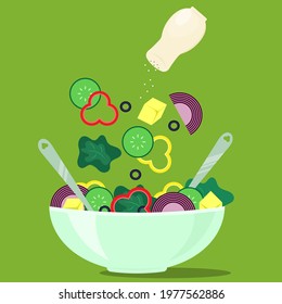 Salad in a bowl of fresh vegetables and herbs. Illustration of vegetable salad in a bowl isolated on a green background. Fresh green lettuce, pepper and cucumber slices. In a simple flat style.