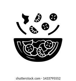 Salad bowl glyph icon. Fresh organic food. Vegan eating, vegetables. Healthy nutrition. Vitamin and diet. Tomato, bell pepper, cucumber. Silhouette symbol. Negative space. Vector isolated illustration