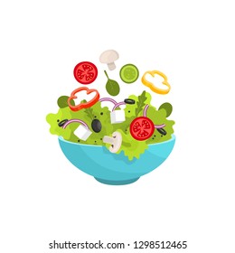 Salad Bowl. Green Salad With Peppers, Tomato, Cucumber, Mushrooms, Olives. Vector