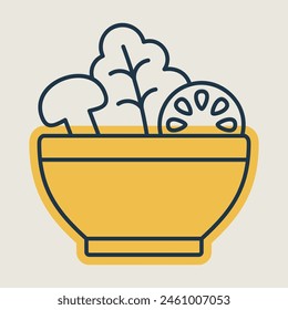 Salad bowl, green salad with tomato, mushrooms vector icon. Graph symbol for fitness and weight loss web site and apps design, logo, app, UI