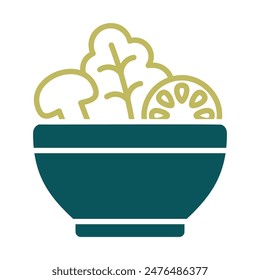 Salad bowl, green salad with tomato, mushrooms vector icon. Graph symbol for fitness and weight loss web site and apps design, logo, app, UI