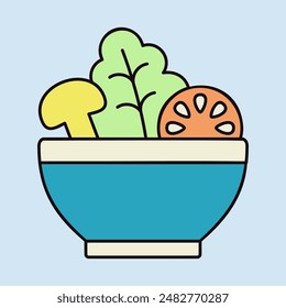 Salad bowl, green salad with tomato, mushrooms vector icon. Graph symbol for fitness and weight loss web site and apps design, logo, app, UI