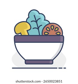Salad bowl, green salad with tomato, mushrooms vector icon. Graph symbol for fitness and weight loss web site and apps design, logo, app, UI
