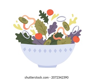 Salad bowl with greens and veggies isolated on white background. Fresh vegetables, vegan lunch meal. Healthy food ingredients. Cartoon vector illustration